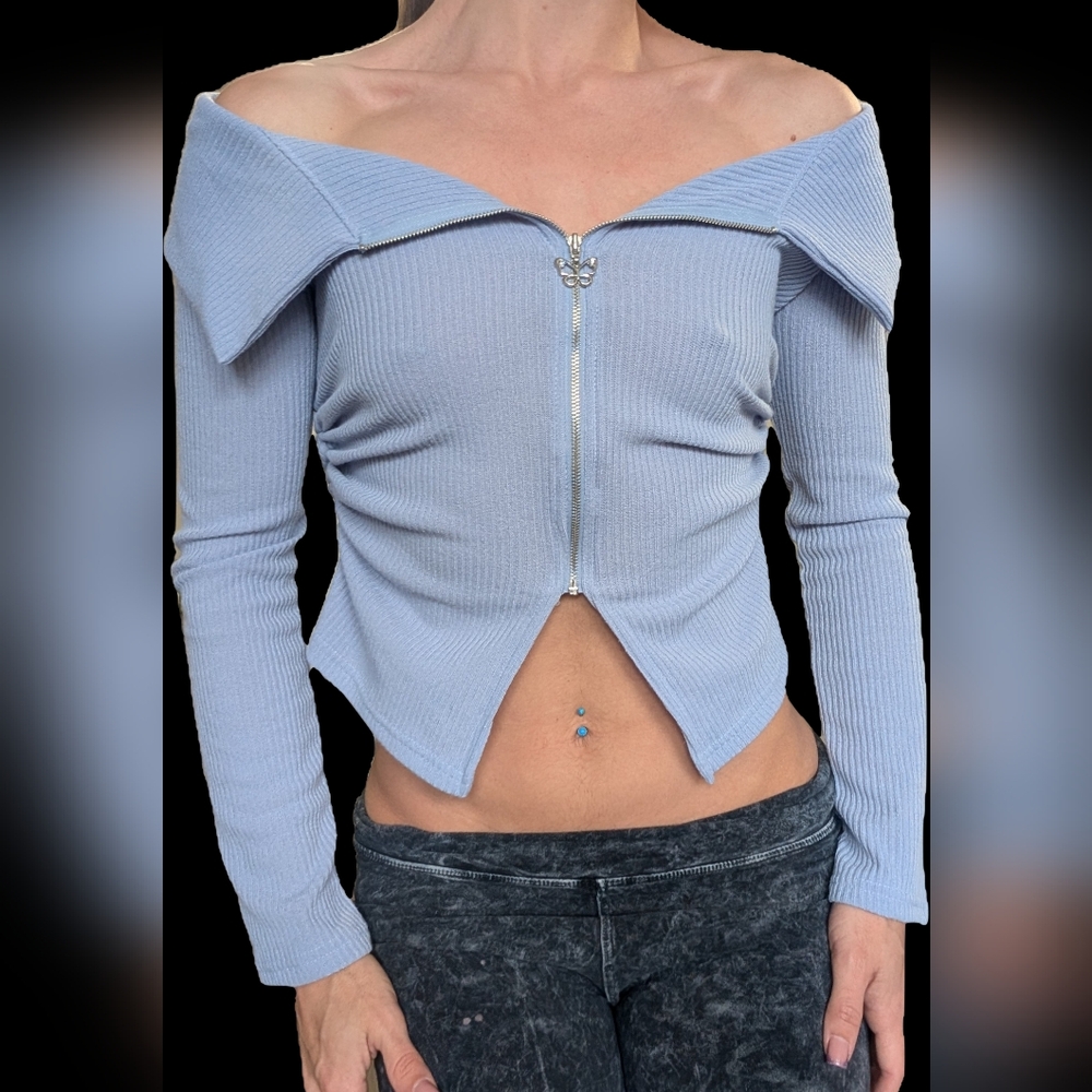 Powder Blue Ribbed Knit Top with Butterfly Zipper